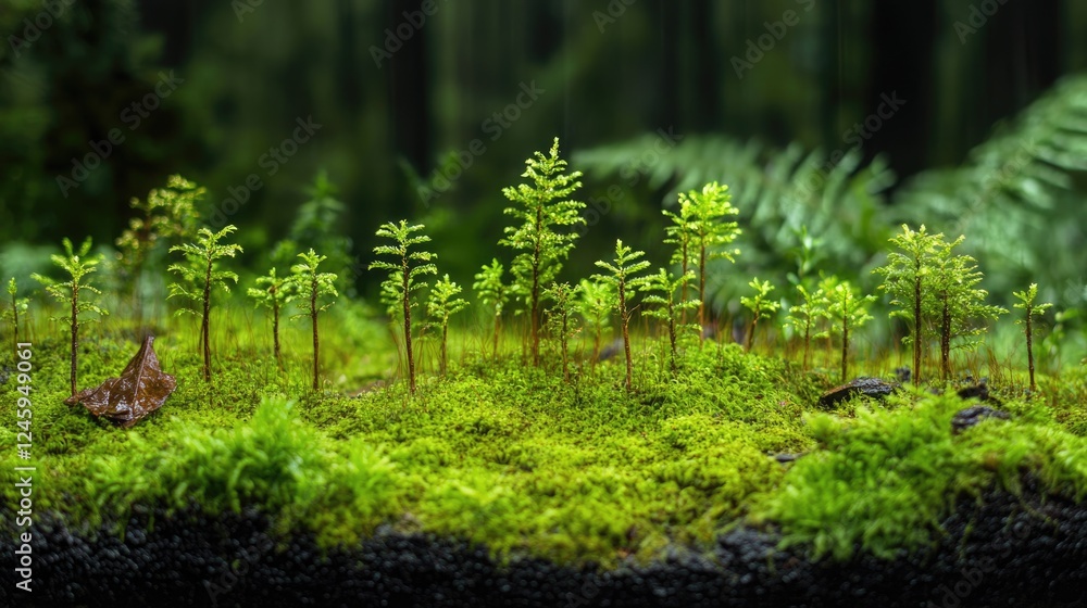 Aufkleber close up of young trees growing on lush moss in a rainforest setting with ample space for text and s