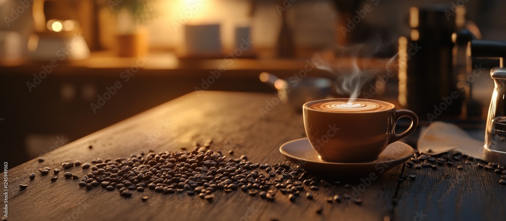 Poster warm steaming coffee cup with scattered beans on rustic table creating a cozy atmosphere in a soft-l