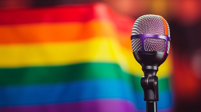 Empowering LGBTQ Advocate Speaking at Pride Event with Colorful Pride Banner in Background