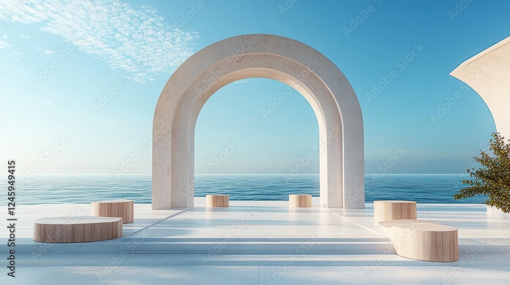 Poster coastal display podium in modern architecture with ocean view