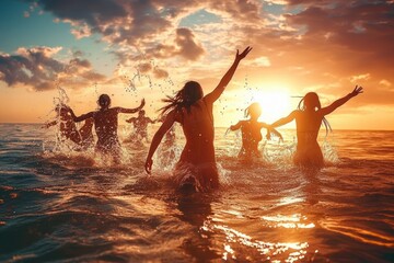 Fototapeta premium Happy Friends Jumping in Water at Sunset Sea Beach