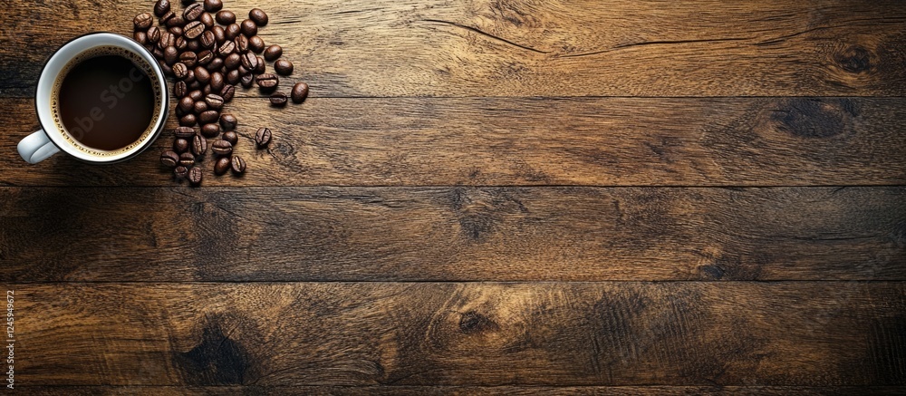Poster coffee cup and roasted beans on rustic wooden floor with ample space for text or branding in a warm,