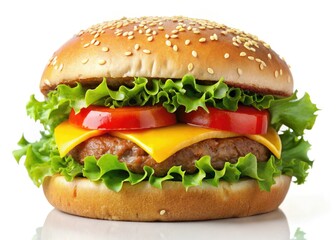 Juicy hamburger, sesame bun, melted cheese, grilled patty, crisp lettuce, ripe tomato, isolated on white.
