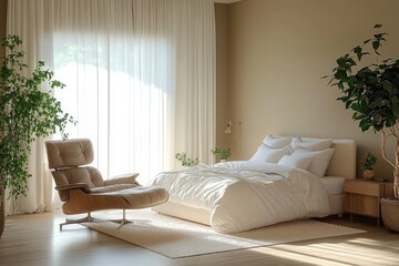 Fototapeta premium Minimalist serene bedroom with cozy bed and lush plants natural light