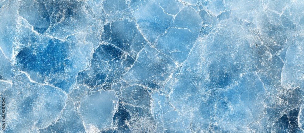 Poster closeup view of glistening blue ice texture with intricate cracks and patterns ideal for backgrounds