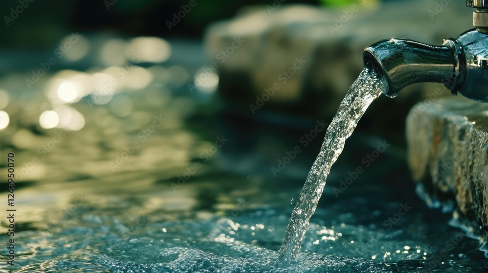 Poster close up of a water faucet with flowing water and foam, featuring blurred background for empty text 