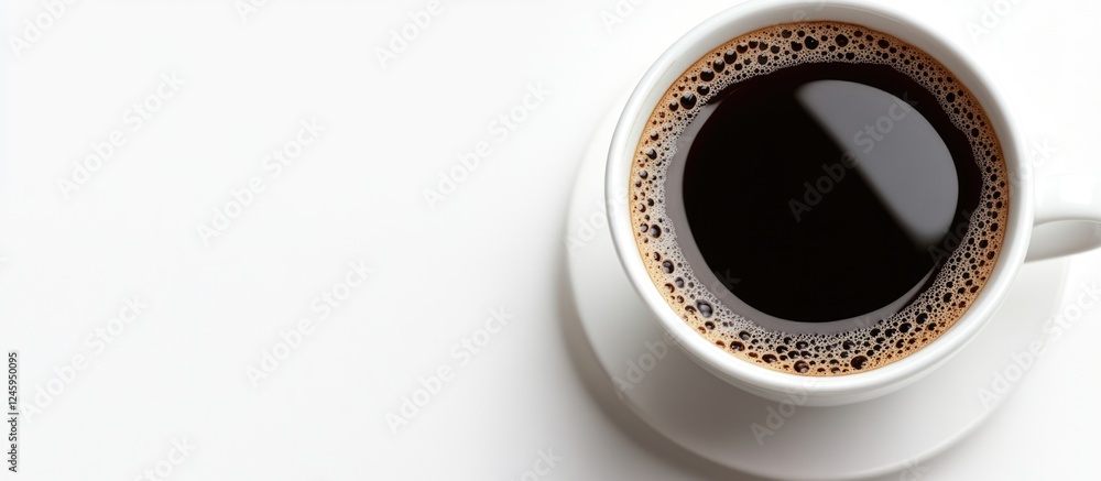 Poster top view of a black coffee cup on a white background emphasizing the rich texture and color of the b