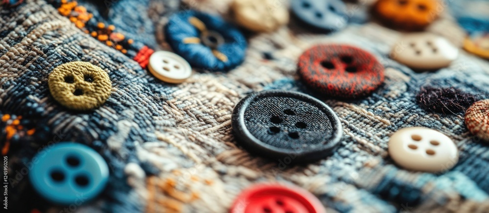 Poster close-up view of colorful buttons on textured fabric showcasing vibrant patterns and intricate detai
