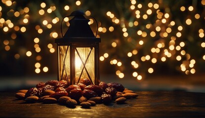 Festive lantern, dates, almonds, bokeh lights, holiday
