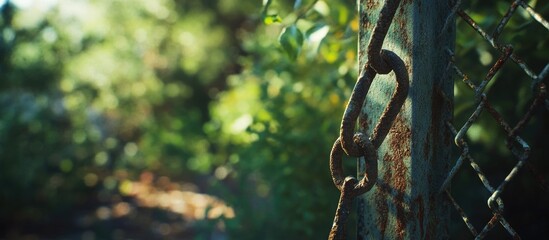 Close Up of Rusty Chain Link Fence with Blurred Green Background and Soft Natural Lighting