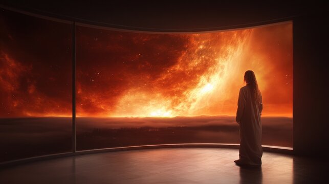 A figure stands in awe, observing a breathtaking cosmic explosion outside a panoramic window, illustrating the vastness and beauty of the universe in vibrant colors.