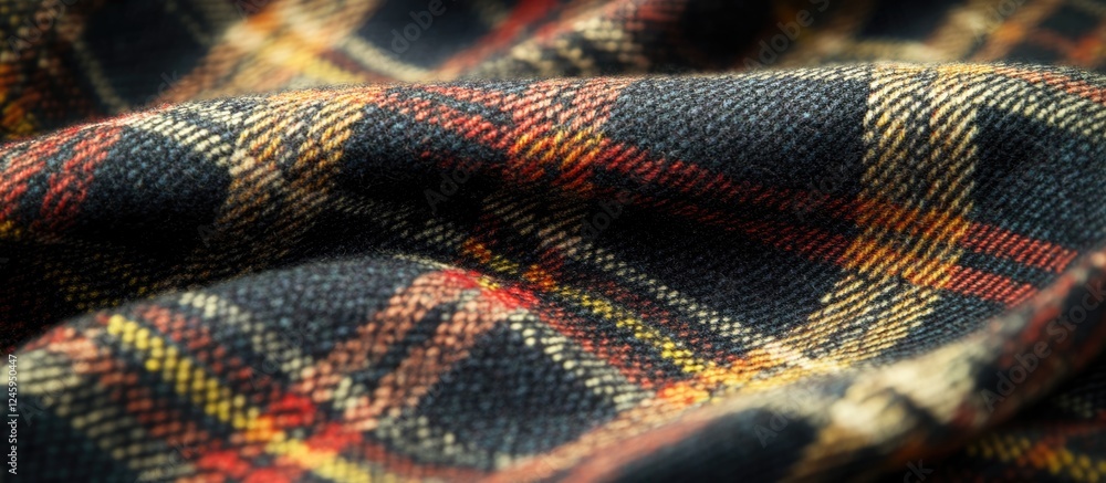 Poster Close up of textured plaid fabric featuring warm colors with a blurred background for customizable text placement