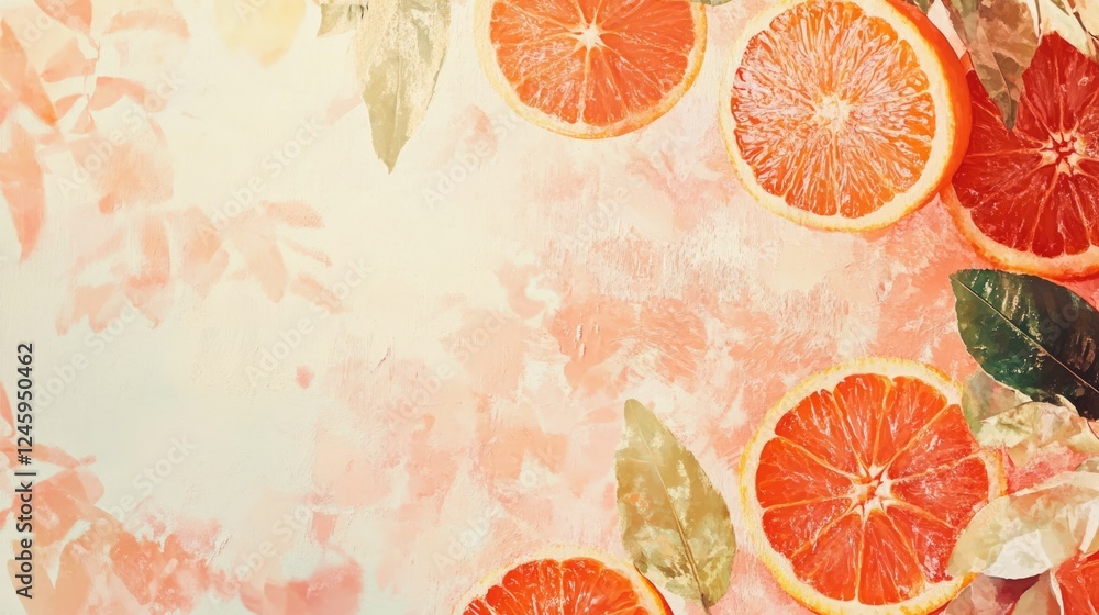 Poster vibrant sliced oranges arranged decoratively on a soft pastel background with a minimalist design pe