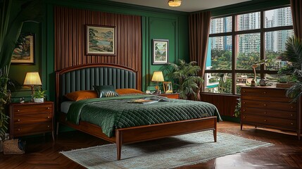 Green bedroom, wood furniture, city view, calm morning