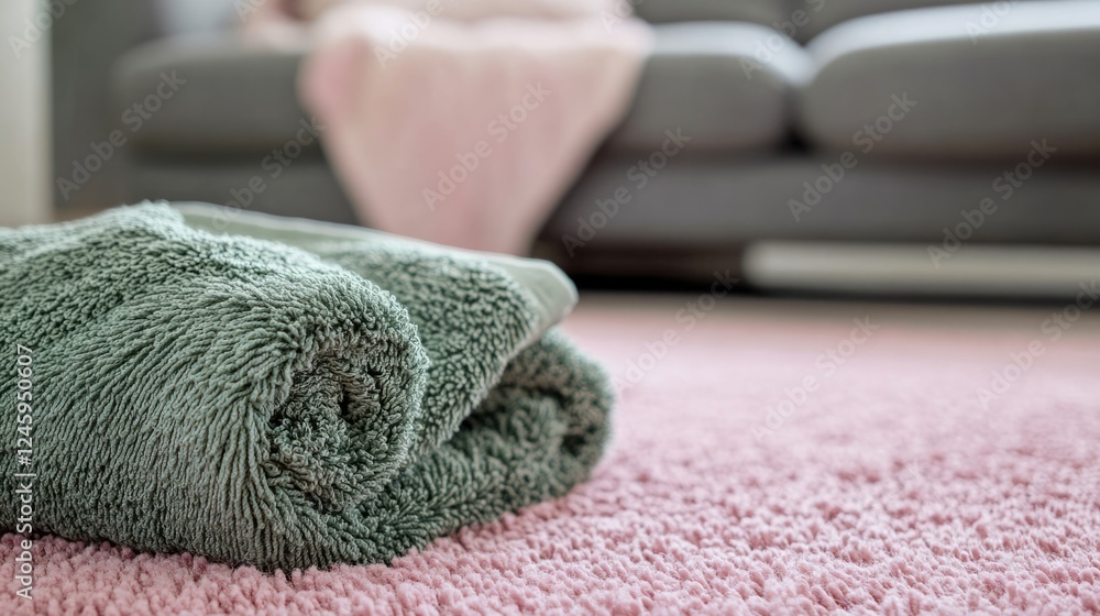 Poster rolled light green towel on pink textured rug with gray sofa in background creating a serene and coz