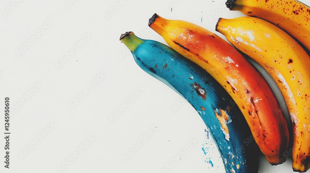 Poster close up of colorful bananas in vibrant hues on a white background with ample space for text or bran