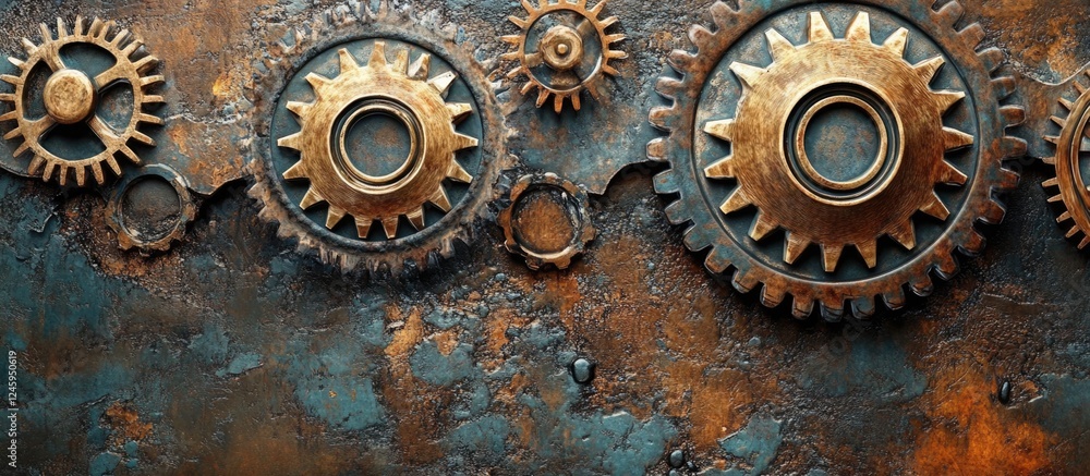 Poster interlocked metallic gears illustrating connection and synergy with textured backdrop and ample spac