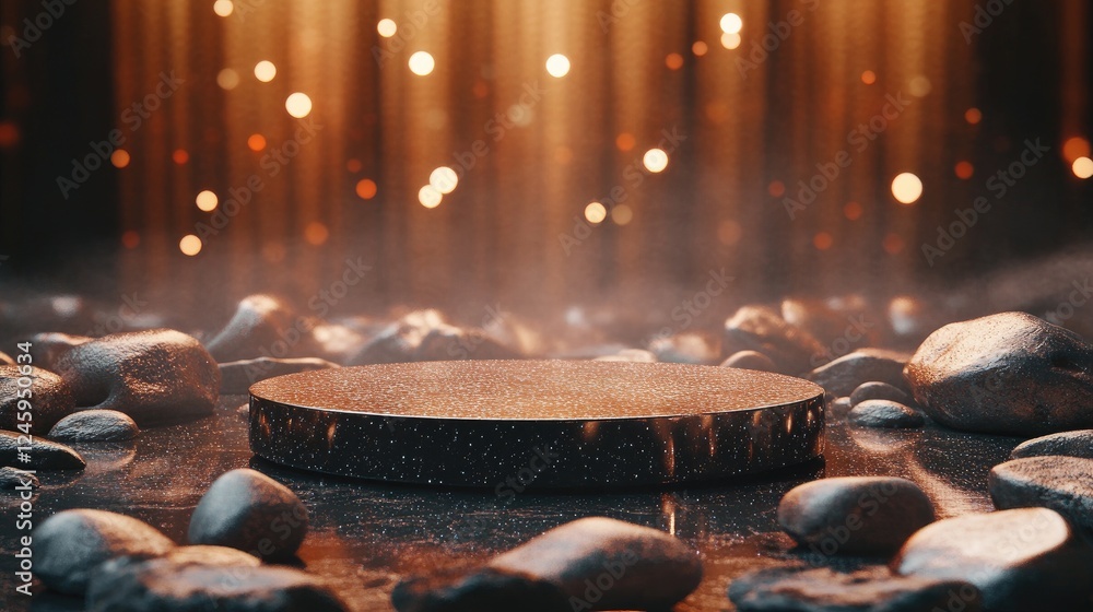Poster Sparkling pebbles and shimmering rocks form a dazzling background for an empty showcase podium, perfect for a cosmetic product presentation in a luxurious setting.