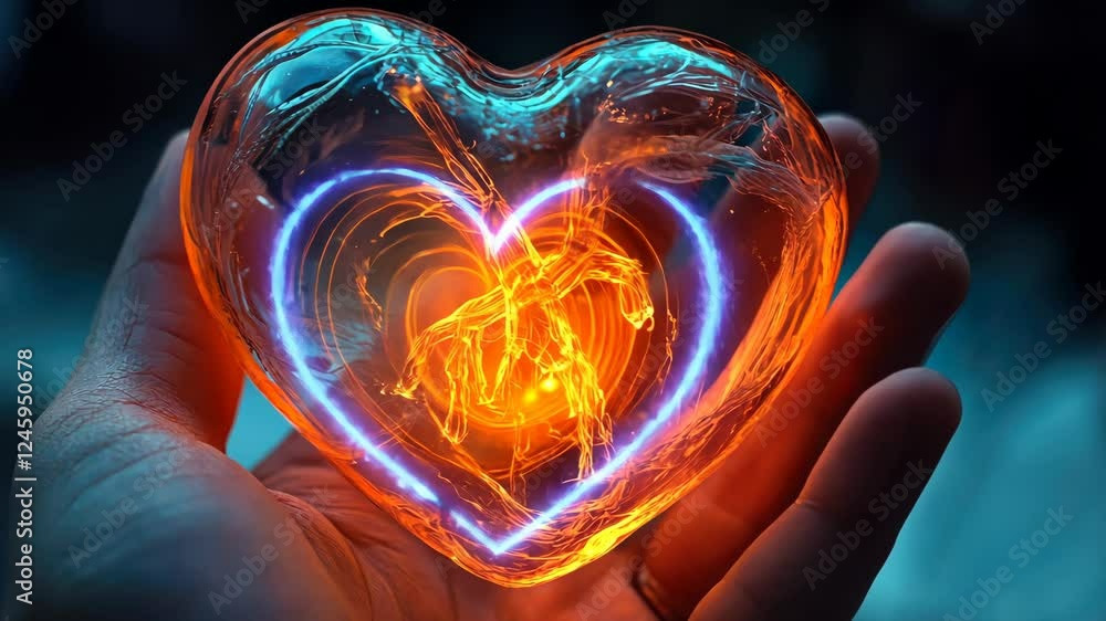 Poster glowing heart in hand with dynamic light patterns and vibrant colors