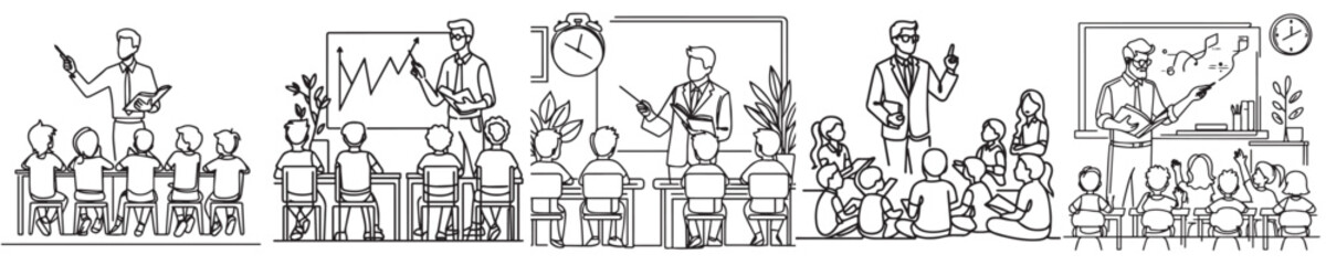 set continuous line teacher teaching his students