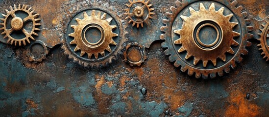 Interlocked metallic gears illustrating connection and synergy with textured backdrop and ample space for text or branding elements