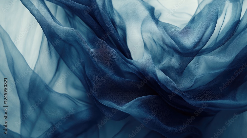 Poster close up of flowing tamer indigo chiffon fabric with soft texture and empty space for elegant design