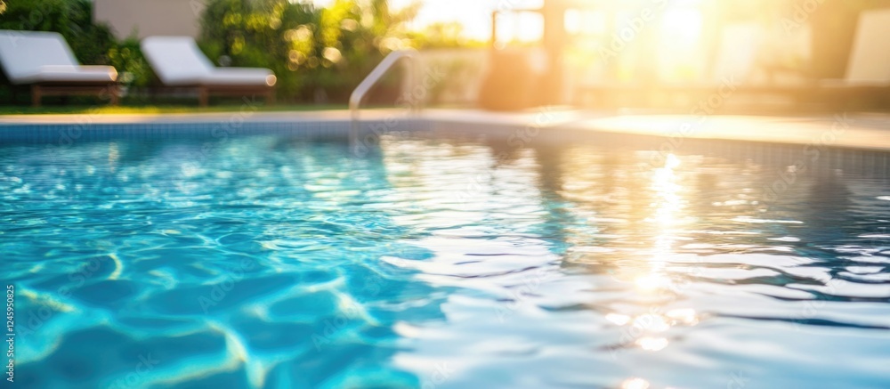 Poster sunlit crystal clear water surface in a swimming pool with blurred relaxing background creating a tr