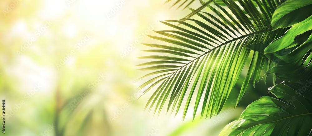Poster closeup view of palm leaf illuminated by sunlight creating a natural background with soft bokeh and 