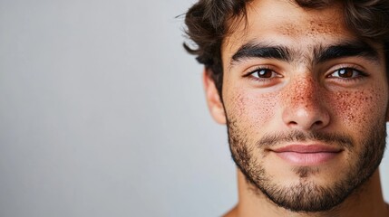 Fototapeta premium Close up portrait of young man with natural acne imperfections showcasing clear skin and neutral background for text placement