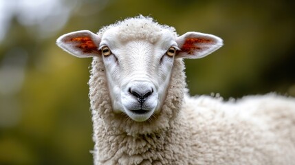 Fototapeta premium Content sheep grazing peacefully on a mountain slope with fluffy white wool and natural green background offering space for text overlay.