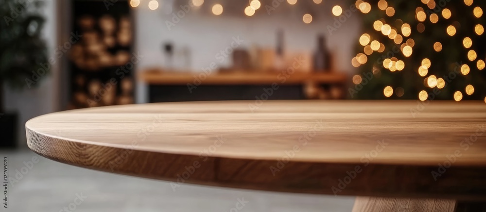 Poster close up of wooden table with blurred bokeh lights in background ideal for product mockup space and 