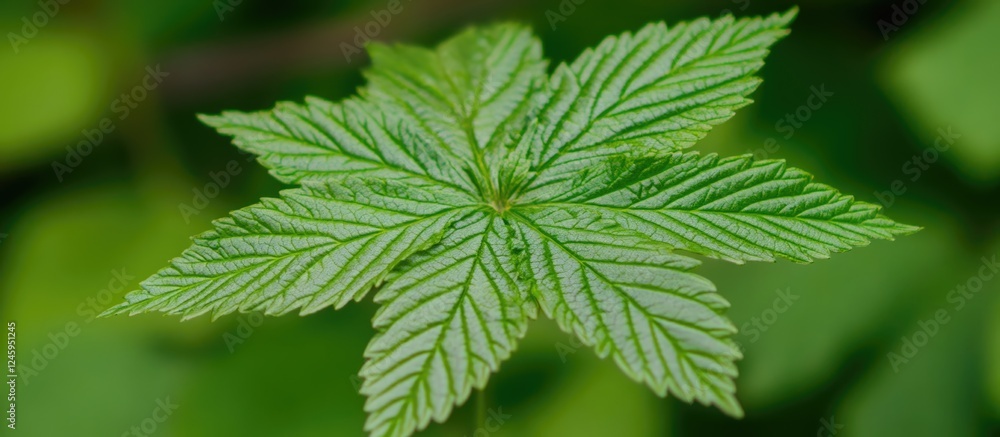 Poster closeup view of vibrant green leaf with intricate textures against a soft blurred greenery backgroun