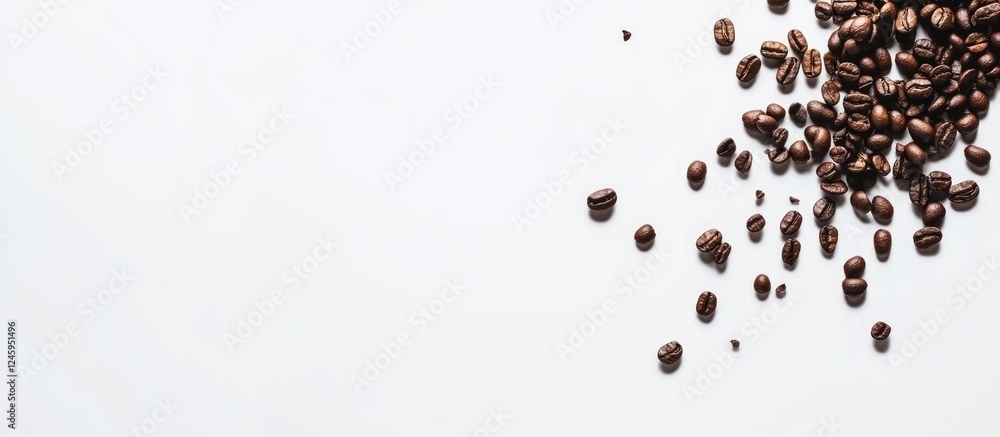 Poster coffee beans scattered on a clean white background showcasing ample copy space for text and branding
