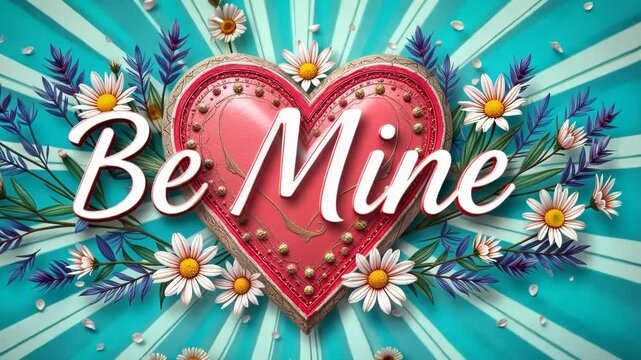 Red neon Be Mine text with heart and floral decorations on blue striped background perfect for romantic expressions
