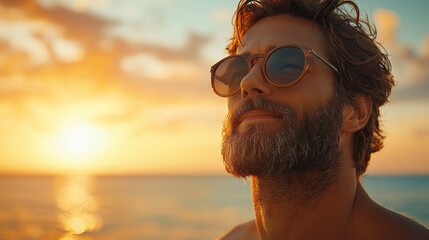 As the sun sets over the tranquil sea, a man with a beard and stylish sunglasses finds solace. The vibrant colors of the sky envelop him, creating a moment of pure bliss