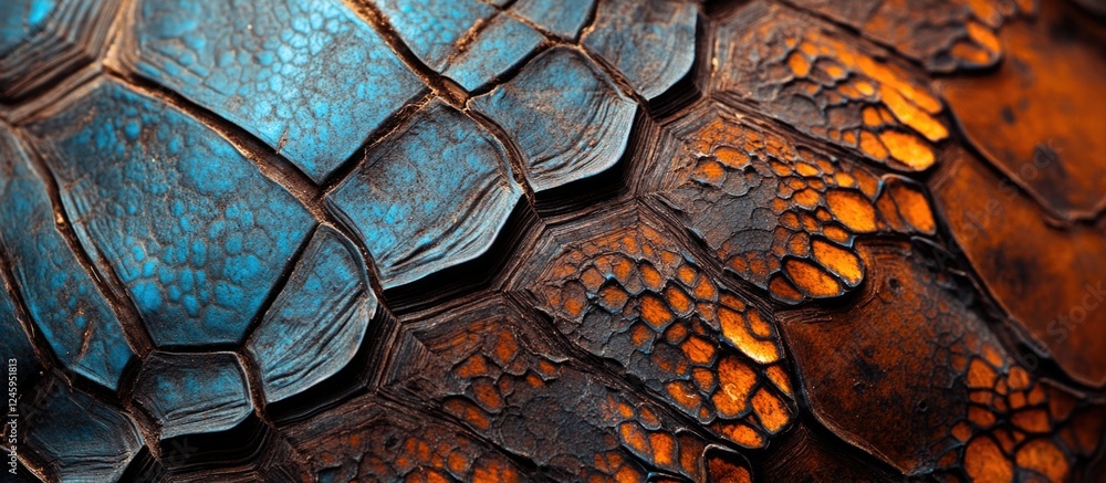 Poster close up of intricate textures on tortoise shell highlighting natural patterns and vibrant colors in