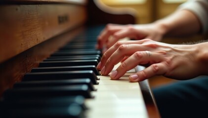 Obraz premium Close-up ivory piano keys, elegant hands playing, note, retro