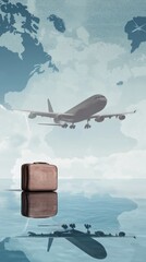 Airplane taking off over world map, suitcase on reflective surface, travel concept