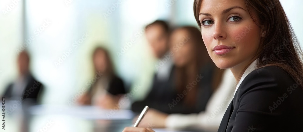 Poster professional woman taking notes in office meeting with colleagues in background and ample space for 