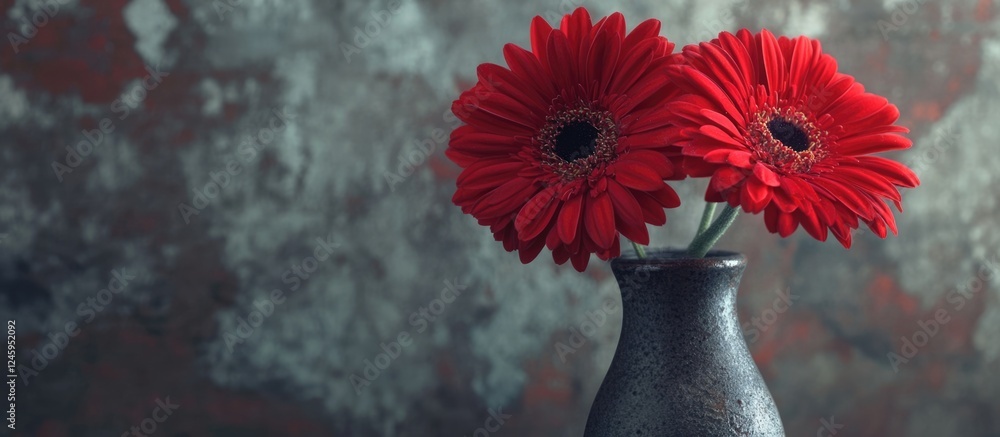 Poster close up of vibrant red gerbera flowers in an elegant vase with a textured backdrop providing ample 