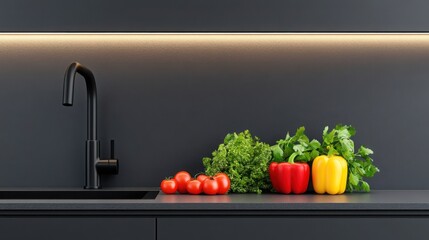 A stylish modern kitchen with fresh ingredients on the countertop, elegant home decor
