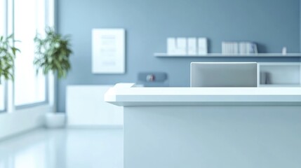 Modern hospital reception desk with minimalistic design and ample copy space, ideal for presentations or healthcare-related promotions.