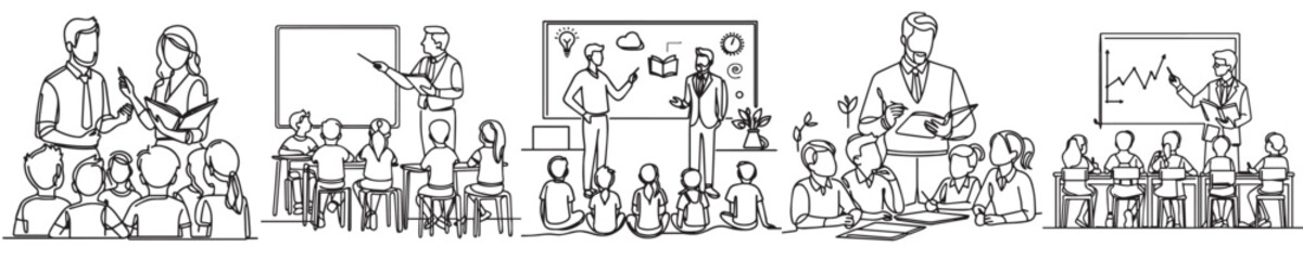 set continuous line teacher teaching his students