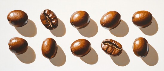 Fototapeta premium Premium roasted coffee beans arranged on a white background showcasing texture and shadow for a coffee-themed design.