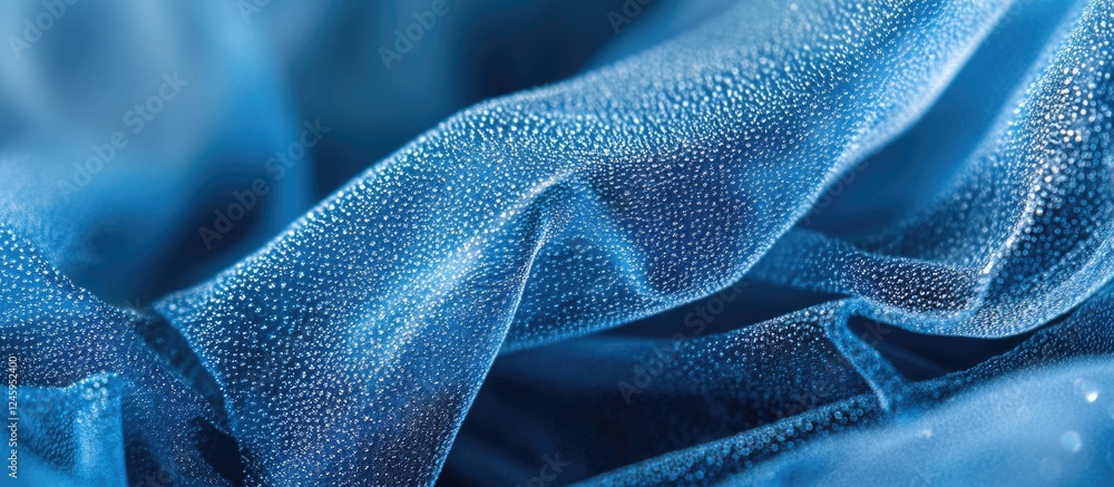 Aufkleber close up of delicate blue fabric draped with dew drops under soft morning light creating a serene na