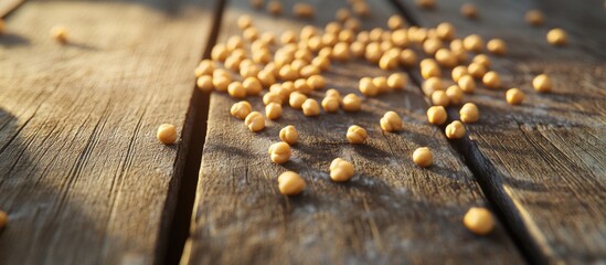 Chickpeas scattered on rustic wooden surface showcasing natural textures and colors ideal for food and cooking themes.