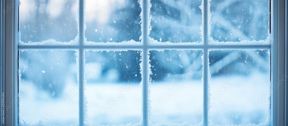 Poster close up of pale blue winter window with snowflakes and empty space for text or branding in a serene