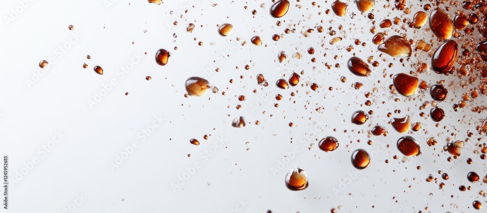 Poster coffee droplets splashing on clean white surface creating an artistic abstract background with rich 