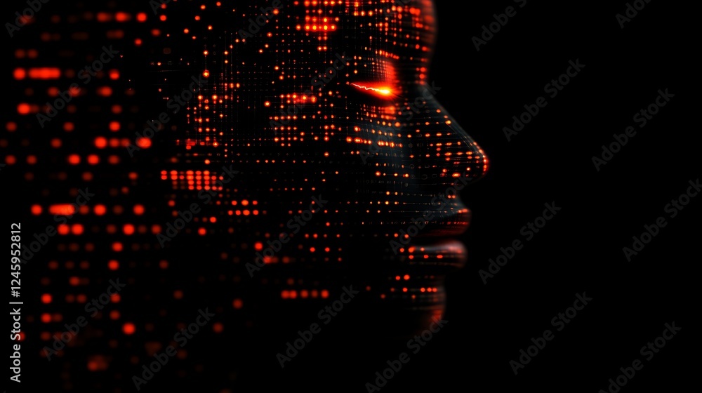 Poster abstract digital face with red glowing spots on dark background for technology concepts