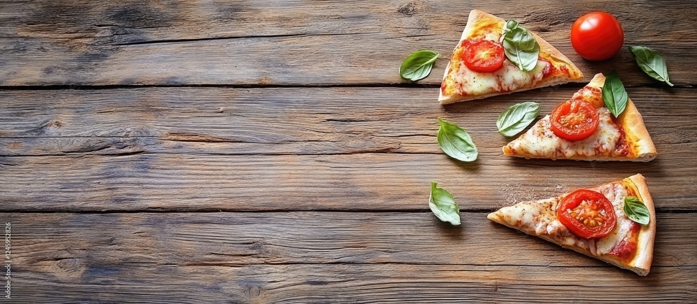 Poster close up of fresh pizza slices with tomatoes and basil on rustic wooden background with space for pr